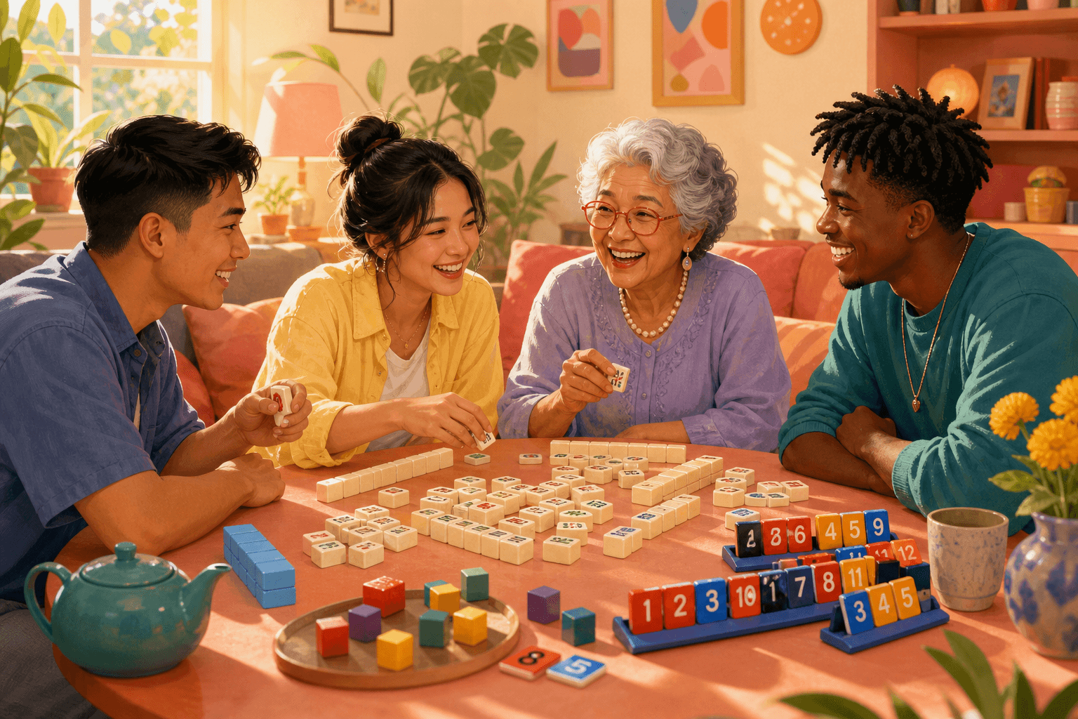Friends around a colorful game table