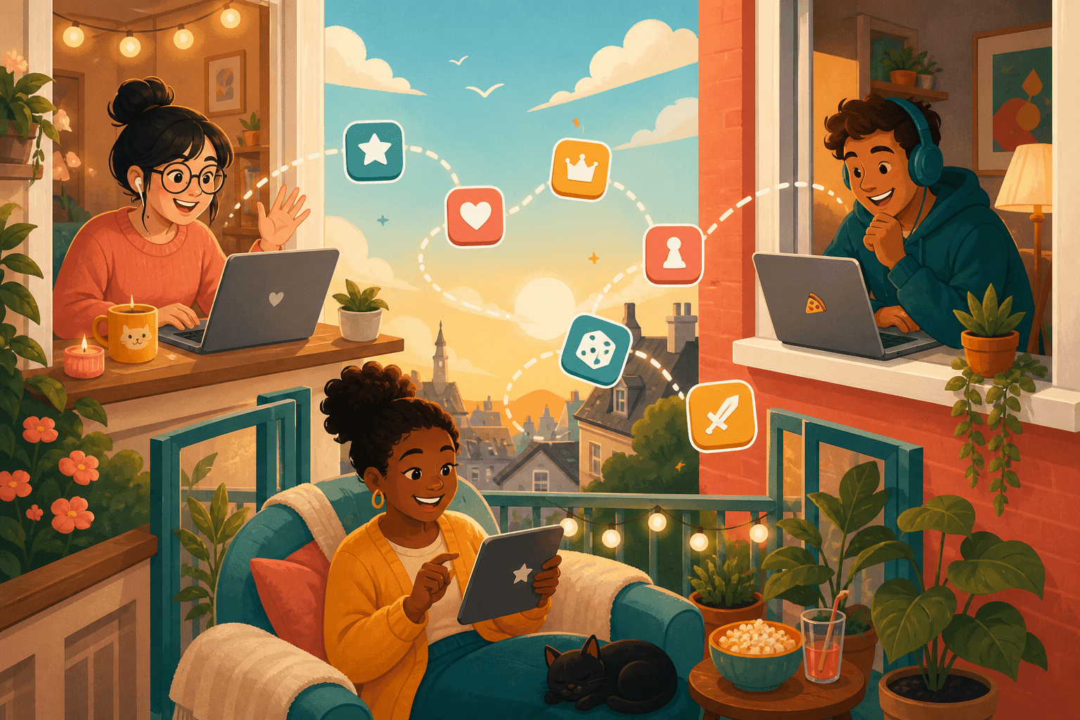 Friends in different rooms connected by a trail of colorful tiles