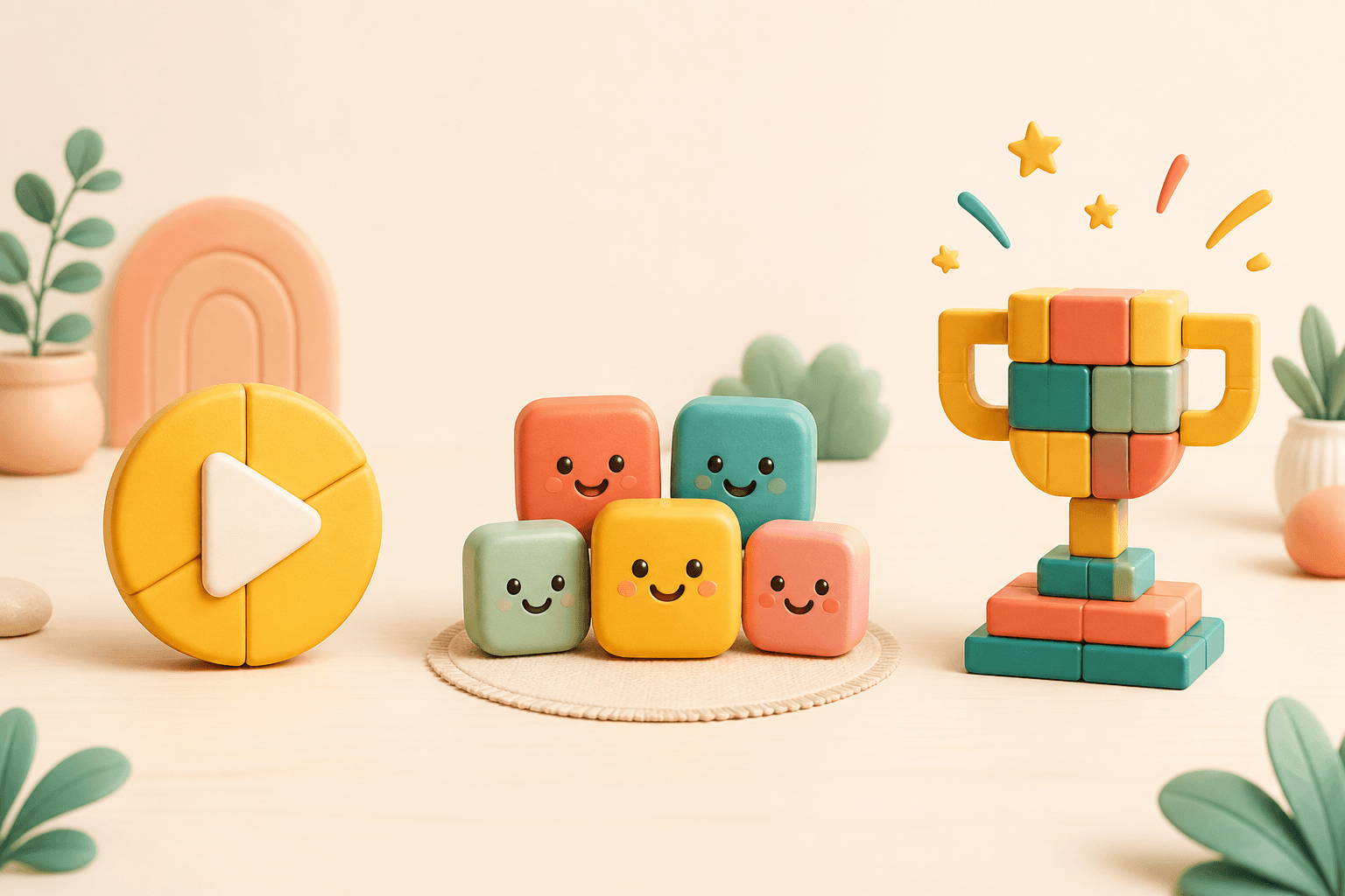 Play, sit together, celebrate — illustrated as colorful tile objects