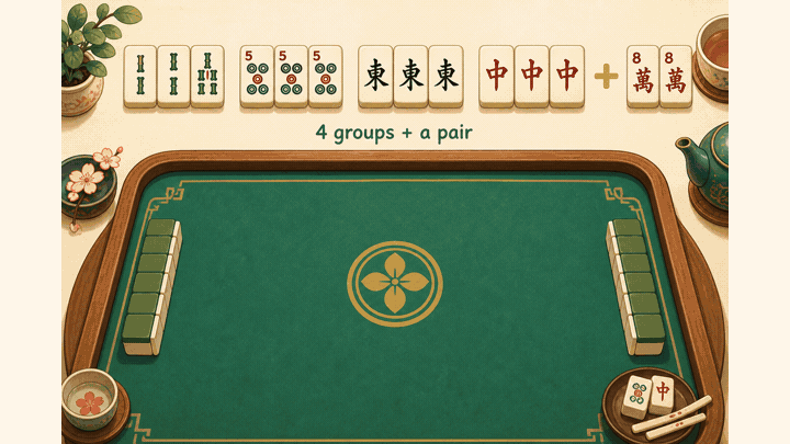 Animated how-to: win mahjong with four groups and a pair, tap a tile you do not need, throw it away, then take three of a kind or pass.