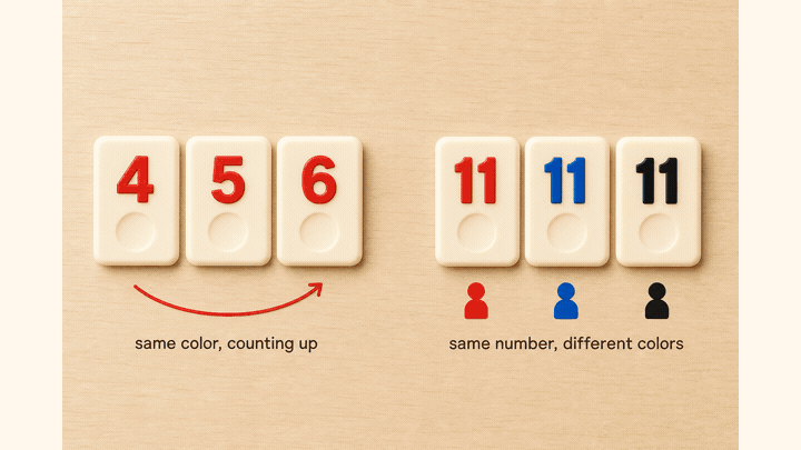 Animated how-to: Rummikub runs are the same color counting up, sets are the same number in different colors, first play must reach 30 points, empty your rack to win.